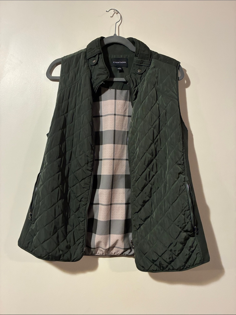 41 Hawthorn Quilted Vest in Dark Green with Plaid Lining